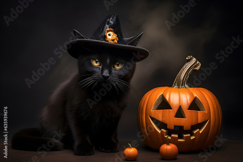 Black cat wearing witch hat sitting near jack o lantern pumpkin. Halloween background. Generative AI. © Pacharee