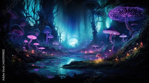 Futuristic wilderness at night  where bioluminescent plants and neon creatures thrive in an electrifying ecosystem