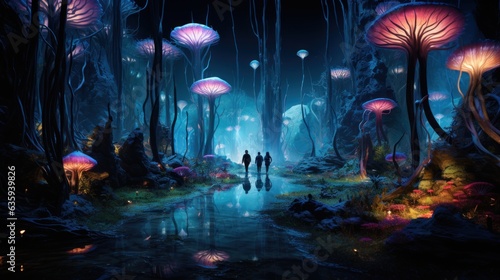 Futuristic wilderness at night  where bioluminescent plants and neon creatures thrive in an electrifying ecosystem