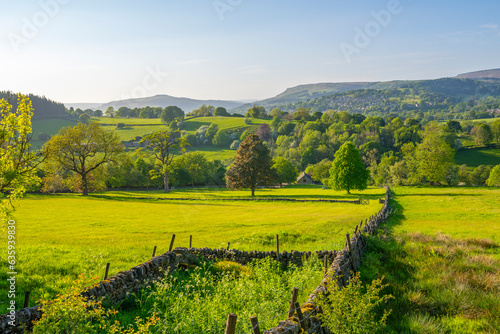 View of landscape toward Hathersage village during spring, Peak District National Park, Derbyshire, England, United Kingdom photo