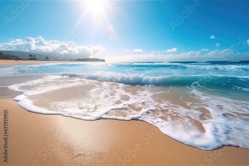 A serene above beach shot appears in the summer vacation banner. wonderful blue ocean lagoon sea coastline beach with waves. A sandy beach is seen in the distance. a panoramic picture of the sandy
