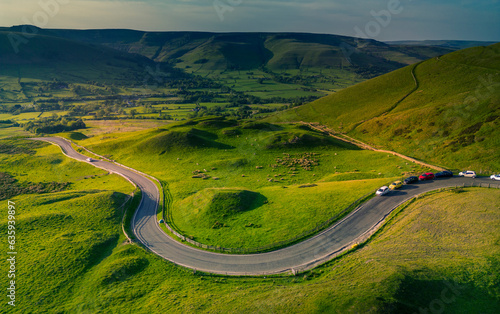 Aerial view of road to Edale, Vale of Edale, Peak District National Park, Derbyshire, England, United Kingdom photo