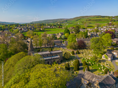 Aerial view of Baslow village, Peak District National Park, Derbyshire, England, United Kingdom photo