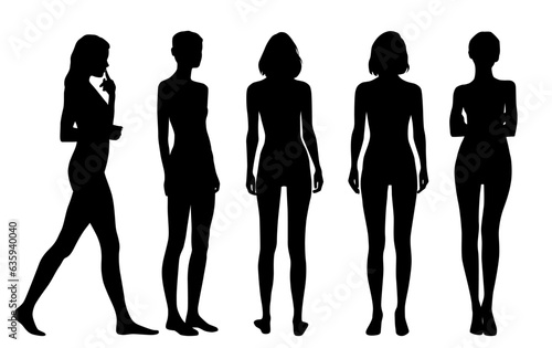 Vector silhouettes of young attractive slender women, figures of girls in various poses, standing, black, isolated on a white background