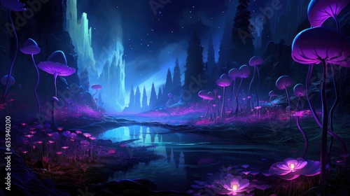 Futuristic wilderness at night  where bioluminescent plants and neon creatures thrive in an electrifying ecosystem