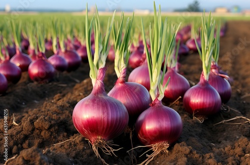 Onion plants on field close up © alexxndr