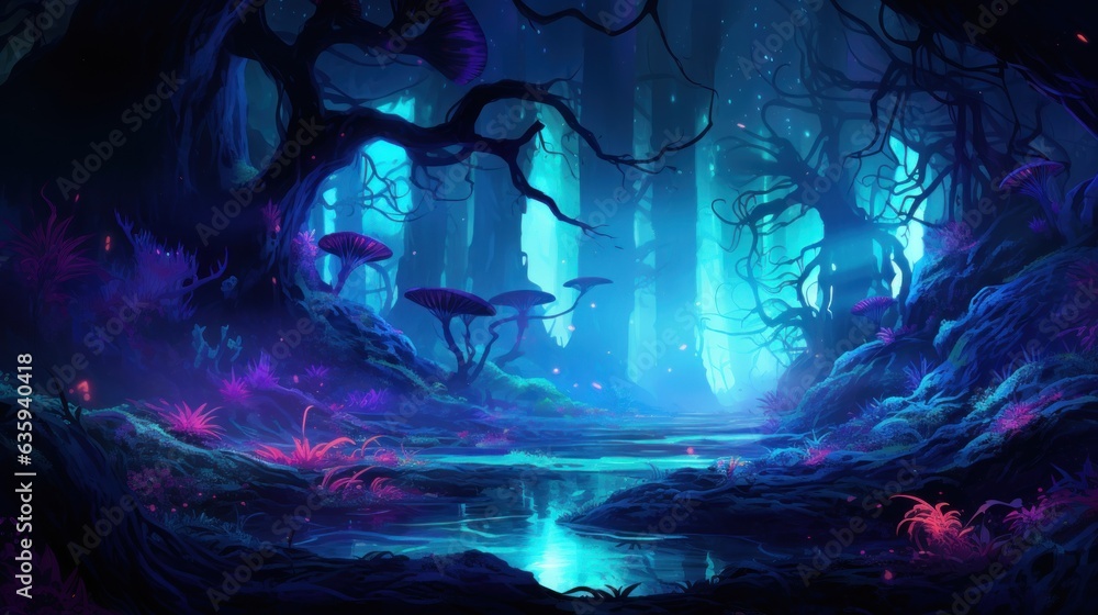 Futuristic wilderness at night, where bioluminescent plants and neon ...
