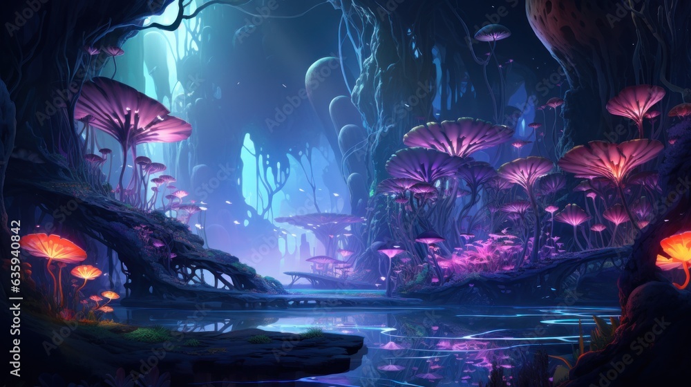 Futuristic wilderness at night, where bioluminescent plants and neon ...