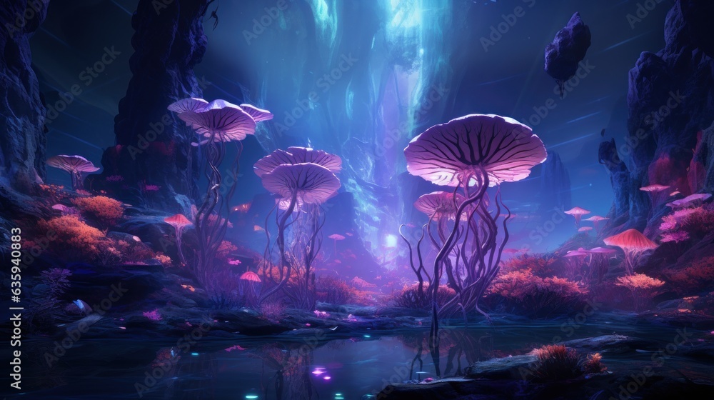 Futuristic wilderness at night, where bioluminescent plants and neon ...