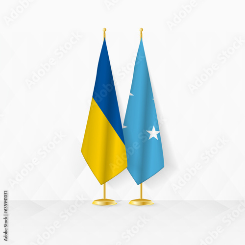 Ukraine and Micronesia flags on flag stand, illustration for diplomacy and other meeting between Ukraine and Micronesia.