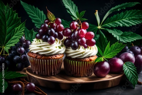double very creamy grape cupcake with cannabis leaves and guava fruit - AI Geenrative