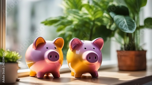 Two pink piggy banks for coins video link pink pig standing on the windowsill photo