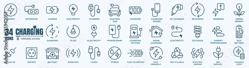 Charging icon set. Containing charge, battery, energy, electricity, charger, recharge, electric car and charging station icons.