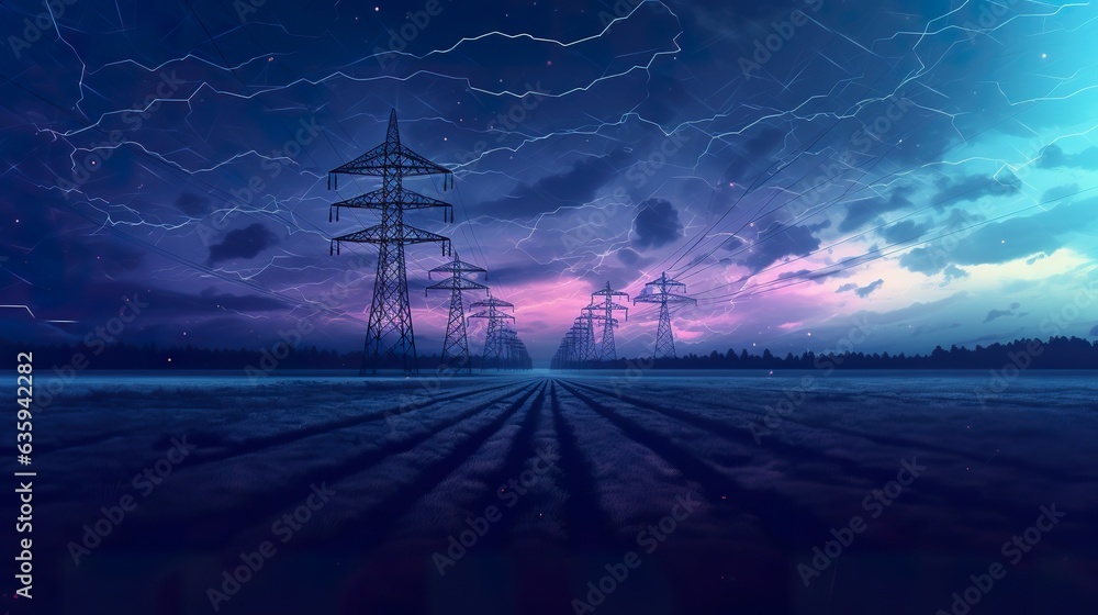 high voltage wire power supply line, electricity transmission, in style of purple and blue cyberpunk, generative AI - obrazy, fototapety, plakaty 