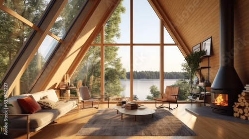 A modern Scandinavian wood house with a pleasant living room fireplace, indoor plants, a triangle shaped wide window, and a distant lake view is offered for rental as a vacation or holiday home. photo