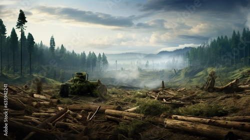 deforestation and forest destruction, natural and environmental disaster, tree damage and climate change concept, generative AI