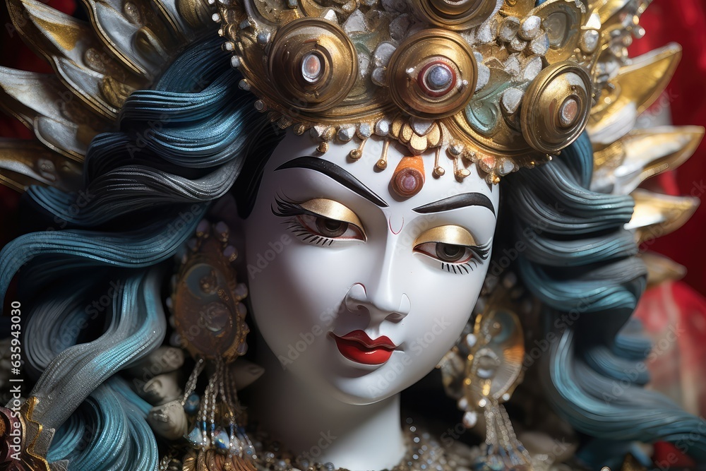 Closeup of Maa Durga Idol during Durga Puja 2023, Dussehra 2023, Indian Hindu religious festival