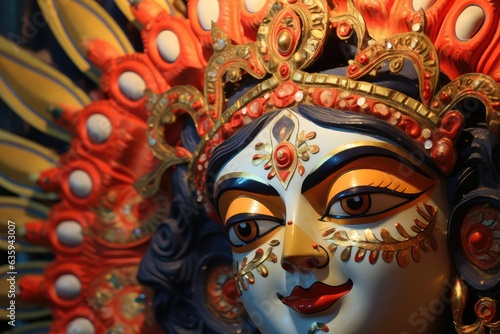 Closeup of Maa Durga Idol during Durga Puja 2023, Dussehra 2023, Indian Hindu religious festival