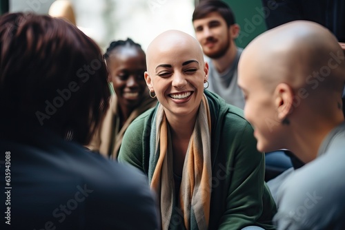 Empowering Presence: Bald Woman Leading and Connecting with Group