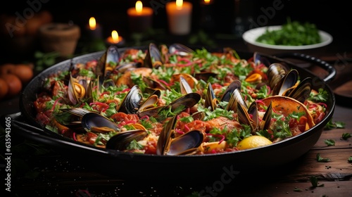 Spanish seafood rice paella traditional background. Food Photography - Spanish Seafood Paella. Generative AI.