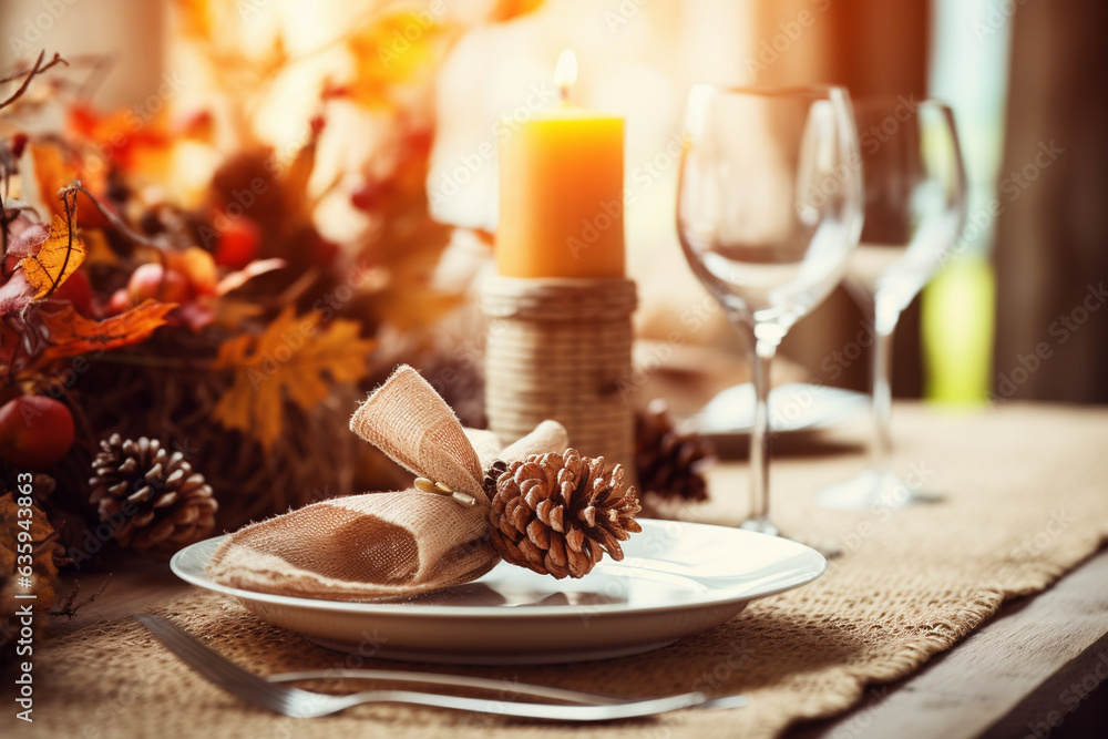 Rustic Table Setting with Autumn Decor, Thanksgiving, natural light, affinity, bright background Generative AI