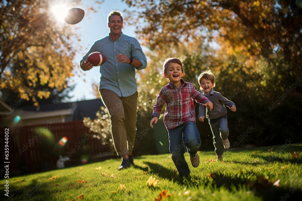 Fototapeta premium Family Playing Flag Football in the Yard, Thanksgiving, natural light, affinity, bright background Generative AI