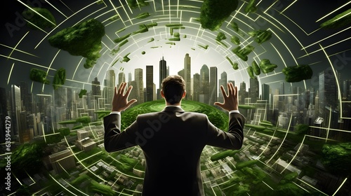 Business leader navigates the abstract future pathways of sustainable real estate opportunities, revealing the surreal financial strategy and ecological urban growth, ai generative