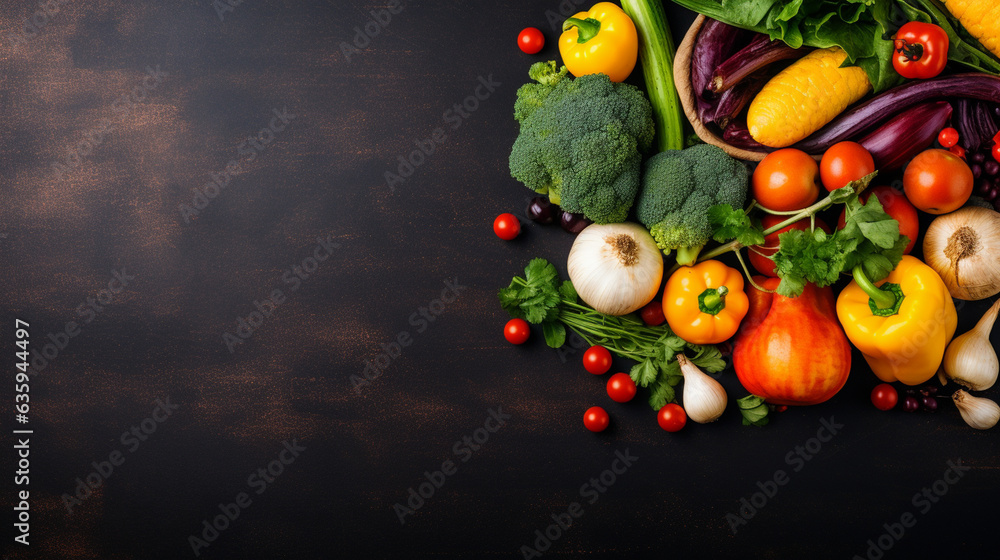 Harvest Vegetables Arranged in a Cornucopia, Thanksgiving background, wide banner with copy space area Generative AI