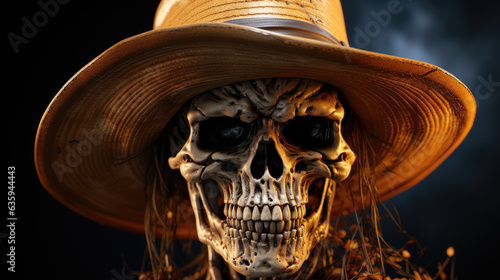 skull wearing straw hat isolated photo