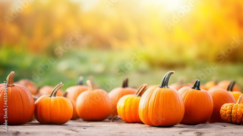 Pumpkin Patch with Rows of Orange Pumpkins, Thanksgiving background, wide banner with copy space area Generative AI