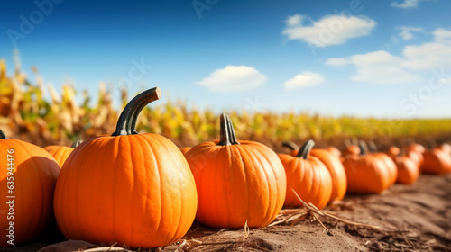 Pumpkin Patch with Rows of Orange Pumpkins, Thanksgiving background, wide banner with copy space area Generative AI