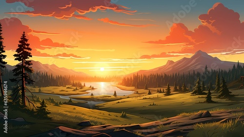 Autumn landscape with grassland, orange view of sunset.Concept Art Scenery. Book Illustration. Video Game Scene. Serious Digital Painting. CG Artwork Background. Generative AI 