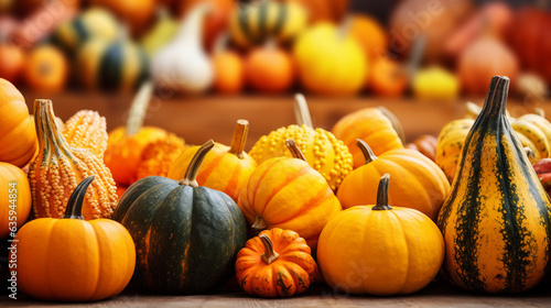 Pile of Colorful Gourds in a Market Stall, Thanksgiving background, wide banner with copy space area Generative AI