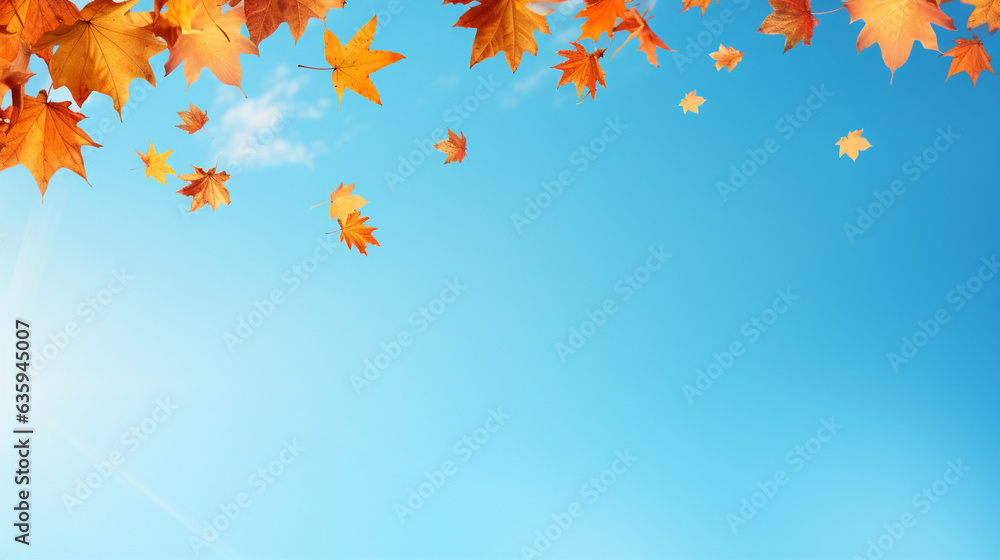 Autumn Leaves Falling against Blue Sky, Thanksgiving background, wide banner with copy space area Generative AI