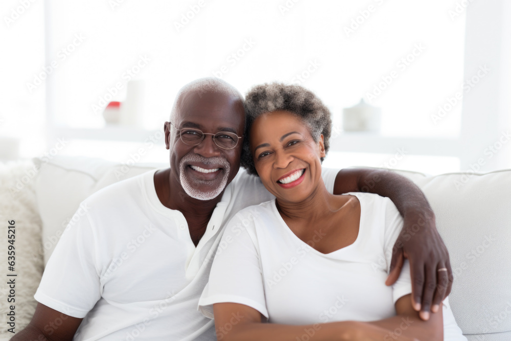 Portrait of a happy, smiling black senior couple at family gathering indoors Portrait of a happy, smiling black senior couple at family gathering indoors