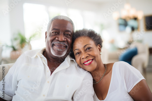 Portrait of a happy, smiling black senior couple at family gathering indoors