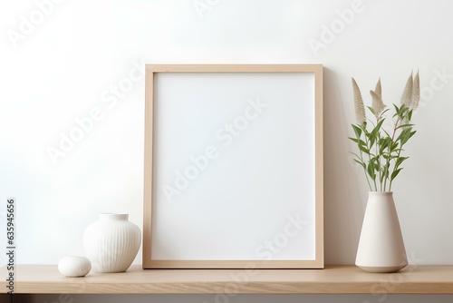 Mock up poster frame in modern beige home interior, Scandinavian style. generative AI