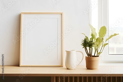 Mock up poster frame in modern beige home interior, Scandinavian style. generative AI © 영준 서