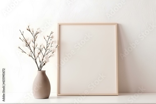 Mock up poster frame in modern beige home interior, Scandinavian style. generative AI