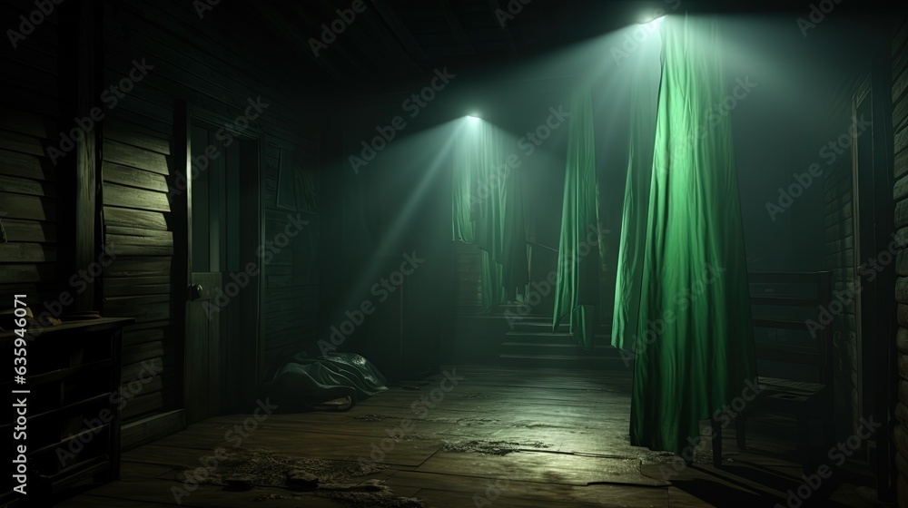  a dark room with a green curtain and a light on.  generative ai