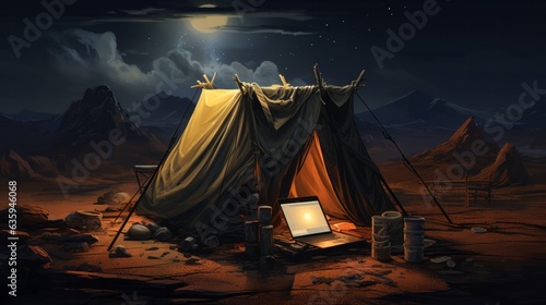 Photo of a solitary tent under a starry desert night sky