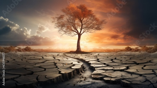 Photo of a solitary tree standing in a barren and desolate landscape