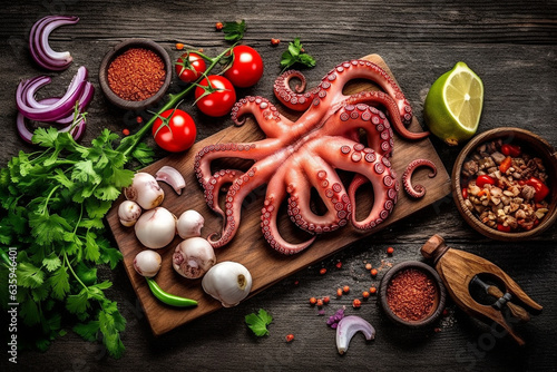 Fresh raw squid with ingredients on wooden background