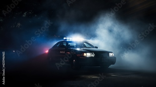 Photo of a police car with flashing lights in the dark