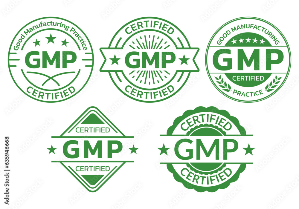 GMP certified icon or label set. Good Manufacturing Practice logo, stamp or seal. High quality symbol. Vector illustration.