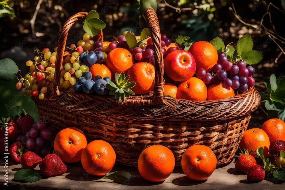 rustic straw basket with freshly picked fruit placed in a garden - AI Generative rustic straw basket with freshly picked fruit placed in a garden - AI Generative