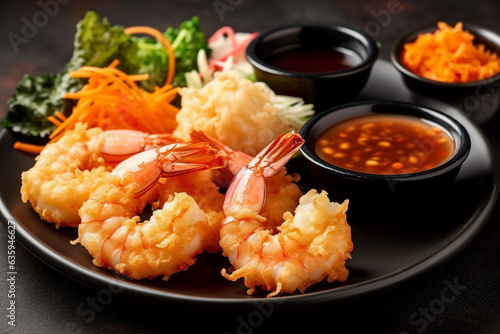 Deep-fried battered prawns in a black plate with vegetables and dipping sauce