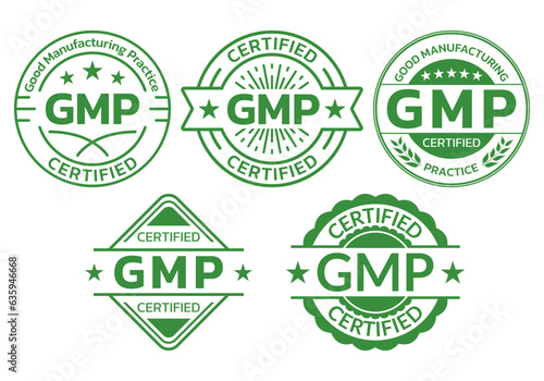 GMP certified icon or label set. Good Manufacturing Practice logo, stamp or seal. High quality symbol. Vector illustration.
