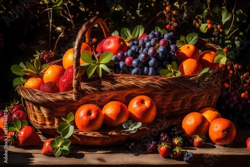 rustic straw basket with freshly picked fruit placed in a garden - AI Generative
