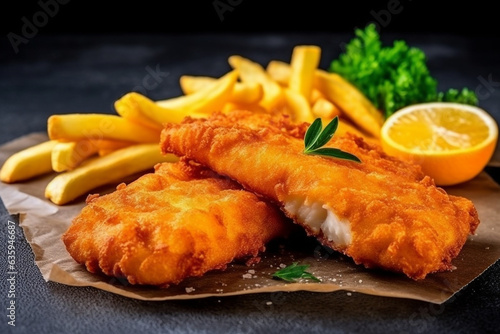 Fried fish and french fries on black stone background